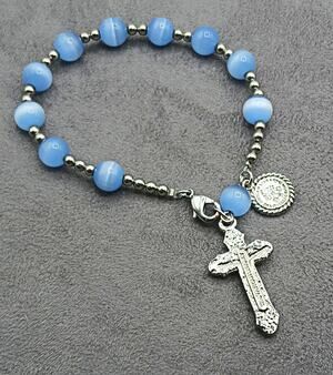 Blue Cats Eye Gemstone Beaded Rosary Bracelet